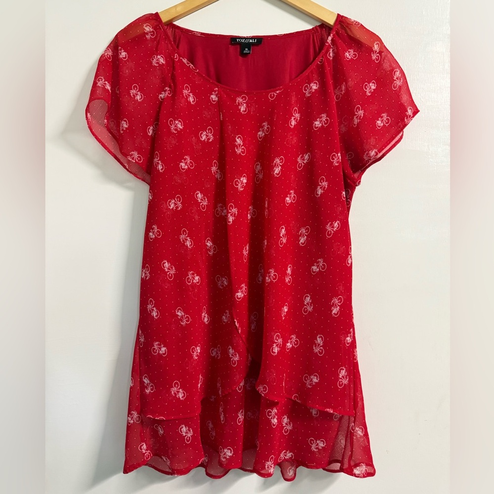 Roz & Ali Red Bicycle Print Women Top